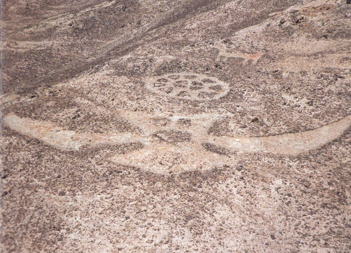 Chile, der Malberg ("cerro
              pintado") von San Pedro de Atacama, da sind
              Geoglyphen mit einer fliegenden Gestalt und einem Rad