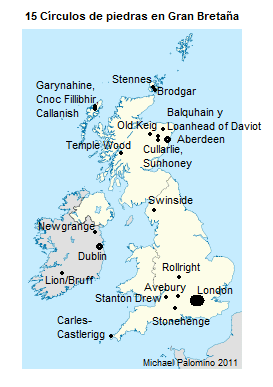 Mapa de Gran Breta�a
                        con 15 c�rculos de piedras en Escocia, Irlanda e
                        Inglaterra, indicado de D�niken