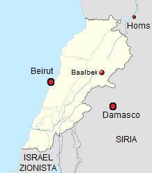 Mapa de Lbano con Beirut, Damasco,
                              Baalbek y Homs
