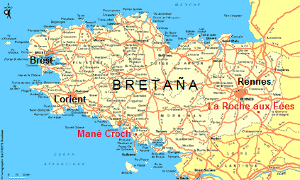 Mapa de Breta�a
                          con la piedra de las hadas (La Roche aux
                          F�es)