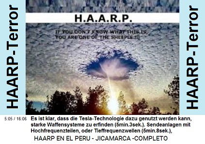 Es ist klar, dass die Tesla-Technologie
                          dazu genutzt werden kann, starke Waffensysteme
                          zu erfinden (5min.3sek.). Die Sendeanlagen
                          funktionieren mit Hochfrequenzteilen oder mit
                          Tieffrequenzwellen (5min.8sek.),