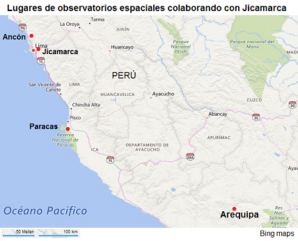 Lugares de
                        observatorios espaciales colaborando con
                        Jicamarca - mapa con Jicamarca, Anc�n, Paracas y
                        Arequipa