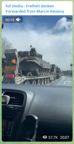 13.4.2022: NATO will
Krieg. WIESO fahren die
Lkw-Fahrer diese Panzer dort
hin? Hallo Frank das ist die
Deutsch- Ponische Grenze
Richtung Polen vor. Ca. 2
Stunden 13.4.2022: NATO
will Krieg. WIESO fahren die
Lkw-Fahrer diese Panzer dort
hin? Hallo Frank das ist die
Deutsch- Ponische Grenze
Richtung Polen vor. Ca. 2
Stunden