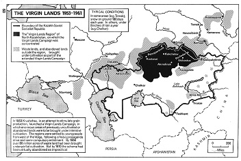 Sowjetunion SU 1953-1961: Propaganda f�r
                    "jungfr�uliches Land" in Kasachstan,
                    Karte