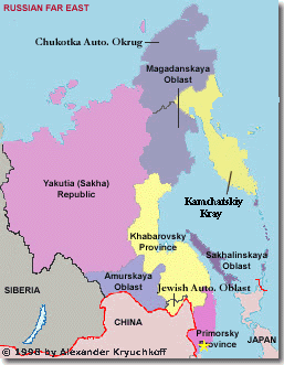 Map of Birobidzhan province
                            with neighbor provinces Amurskaya Oblast and
                            Khabarovsky Province, and China in the
                            South.
