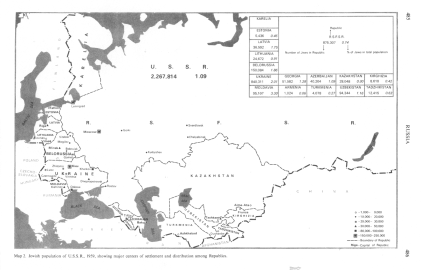 Encyclopaedia Judaica (1971): Russia:
                            Jews in "Soviet Union", vol.14,
                            col. 485-486, map of 1959