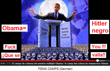 El asesino de masas Sr. Obama con un campo de
                    cr�neos - el Hitler Negro - Fuck You!