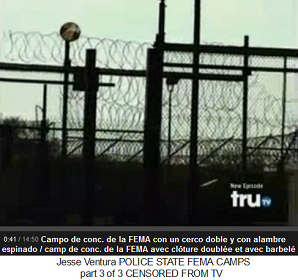 Un campo de concentraci�n de la FEMA con
                    cerco doble y con alambre de espinas