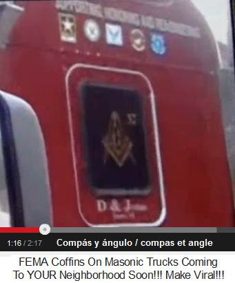 El s�mbolo de los Francmasones
                              criminales con el comp�s y el �ngulo recto
                              pegado al cami�n con los ata�des de la
                              FEMA