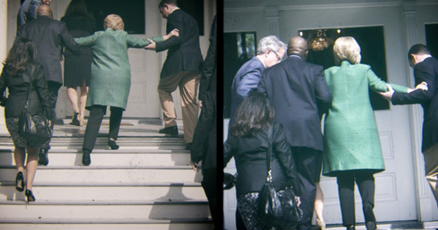 Geisteskranke Killary
                        Clinton stolpert die Treppe hinauf, mit Helfern