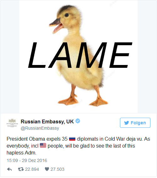 Krimineller Obama in
                        den letzten Atemz�gen mit Sanktionen gegen
                        Russland ist eine Lahme Ente
