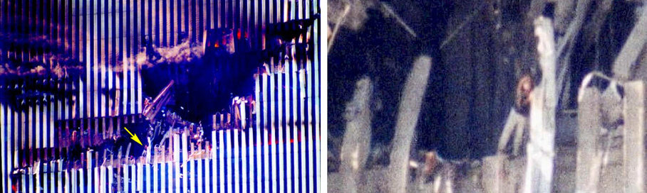 Ausgesprengtes
                    Einschlagloch des Nordturms des WTC mit Edna Cintron
                    im Einschlagloch, die sich an einen kalten
                    Stahltr�ger anlehnt, Flugzeugwrack ist nicht
                    vorhanden, 11. September 2001