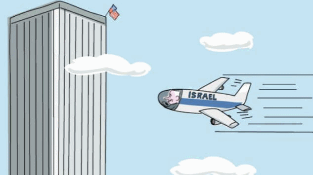 Karikatur:
                      Zionist-Massenm�rder Netanjahu fliegt mit einem
                      Israel-Flugzeug ins WTC