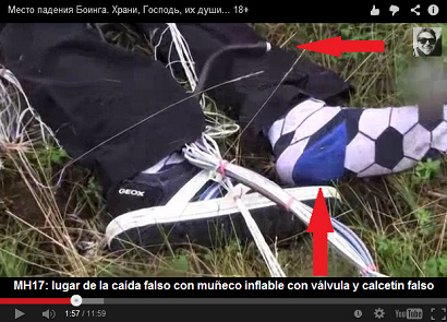Vete "EUA": el lugar de la
                            ca�da del vuelo MH17 de Malasia Airlines en
                            la Ucrania (2014) fue falsificado, aqu� se
                            ve un mu�eco inflable con v�lvula y un
                            calcet�n falso