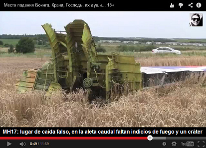 Vete "EUA": el lugar de la
                            ca�da del vuelo MH17 de Malasia Airlines en
                            la Ucrania (2014) fue falsificado, aqu� se
                            ve una parte de una aleta caudal pero falta
                            cada indicio de un fuego o de llamas y
                            cr�ter de ca�da falta tambi�n