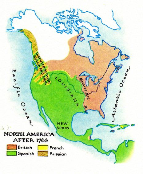 The new partition of North "America"
                between Spain, England and Russia in 1763 - map
