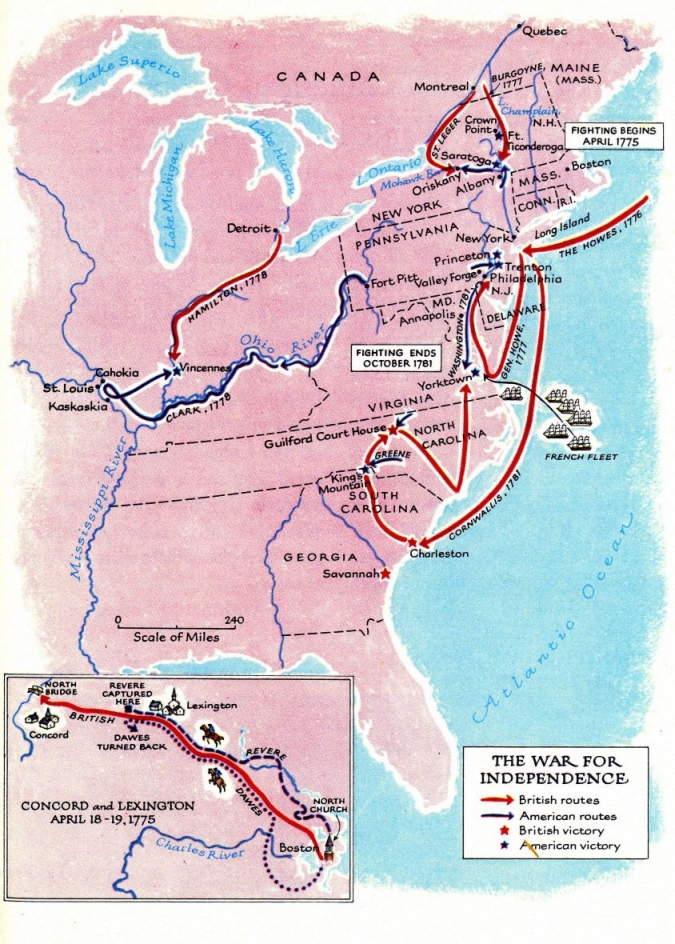Map with war of
                                      independence 1776-1781
                                      "USA", "United
                                      States", Detroit, Hamilton
                                      1778, Vincennes, Clark 1778, St.
                                      Louis Cahokia, Kaskaskia -- Fort
                                      Ft. Ticonderoga, Crown Point, St.
                                      Leger, Oriskany, Albany, Burgoyne
                                      1777 -- Howes 1776 takes New York,
                                      battle of Princeton and at Trenton
                                      -- Valley Forge, Philadelphia,
                                      Annapolis -- March of the army
                                      under Washington to Yorktown in
                                      1781 -- Guilford Court House,
                                      Greene, Kings Mountain,
                                      Cornwallis