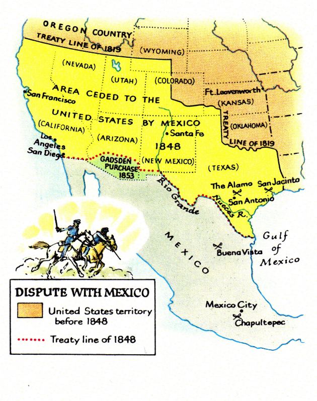 Map: 1848, breakthrough to
                            California , treaty line of 1819 and 1848,
                            Gadsden purchase of 1853
