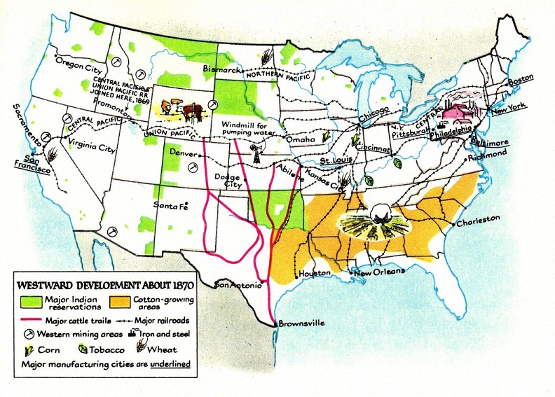 Map of cCriminal "USA" at 1870
                        apr.: Agriculture - "Indian
                        reservations" (open air concentraiton camp)
                        - cattle trails - industry - liberation of the
                        slaves