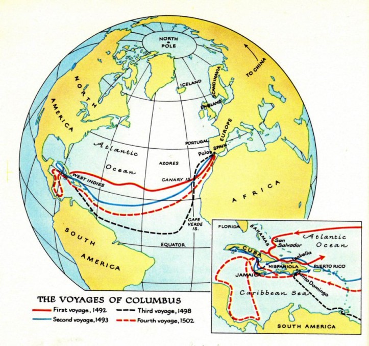 Die 4 Kolumbus-Invasionen nach
                "Amerika" 1492-1502 - Globuskarte
