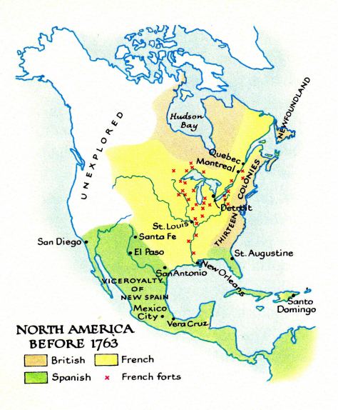 Aufteilung von Nord-"Amerika" -- map,
              mapa, carte, carta, Karte, terkep -- North America before
              1763, French forts -- Vera Cruz, Mexico City, Viceroyalty
              of New Spain, Vizek�nigreich Neu-spanien, San Antonio, El
              Paso, Santa Fe, San Diego, St. Louis, New Orleans, Santo
              Domingo, St.Augustine, Detroit, Montreal, Quebec,
              Neufundland, Newfoundland, Thirteen Colonies, Dreizehn
              Kolonien, Hudson Bay