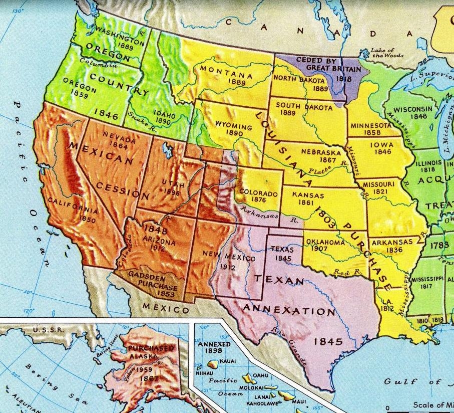 Louisiana 1803, Expansion Pazifik 1848, Gadsen
                  Purchase 1853 -- Karte, map, mapa, carte, carta,
                  terkep