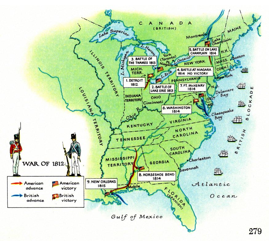 Zweiter
                      "amerikanischer" Unabh�ngigkeitskrieg
                      zwischen USA und England, Schlachtorte -- second
                      war of independence between Great Britain and USA
                      1812-1815 -- verzeichnet sind Schlachtort Detroit
                      1812 GB-Sieg, Schlachtort Eriesee 1813 mit
                      "US"-Sieg, Schlachtort Thames 1813 mit
                      "US"-Sieg, Schlachtort Niagara 1814
                      Unentschieden ohne Sieger, 5. Schlacht am
                      Champlain-See mit "US"-Sieg, 6. Schlacht
                      bei Washington 1814 mit GB-Sieg, und 7. Schlacht
                      am Fort McHenry 1814 mit "US"-Sieg,
                      sowie 8. Schlachtort Horseshoe Bend 1814 mit
                      "US"-Sieg, und 9. Schlachtort New
                      Orleans 1815 mit "US"-Sieg -- Karte,
                      map, mapa, carte, carta, terkep