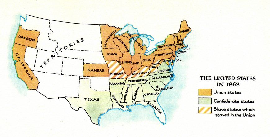 B�rgerkrieg USA Staatenverteilung, civil war
            1861-1865 ; Karte, map, mapa, carte, carta, terkep