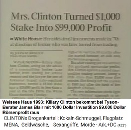 Artikel: Killary Hillary Clinton erh�lt von James Blair bei 1000 Dollar Investition 99.000 Dollar Profit