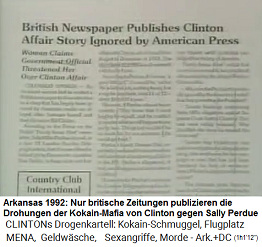 Die "US"-Medien verschweigen den Bericht von Sally Perdue mit den Drohungen nach der Aff�ire mit Kokain-Gouverneur Bill Clinton