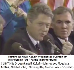 Der kriminelle NWO-Kokainpr�sident Bill Clinton am Mikrofon mit US-Fahne