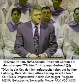 Der NWO-Kokainpr�sident Bill Clinton besucht strenge Christen 1992ca. - und faselt, er suche "heilige F�hrung, Unterst�tzung+Absicherung" - alles nur Propagandashow!
