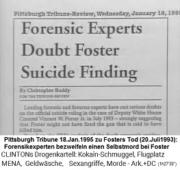 Artikel der Pittsburgh Tribune vom 18. Januar 1995: Forensik-Experten zweifeln an der Behauptung, Foster habe Selbstmord gemacht