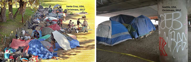 Weihnachten 01: Obdachose in Zelten in Santa Cruz und in Seattle (unter der Autobahn)