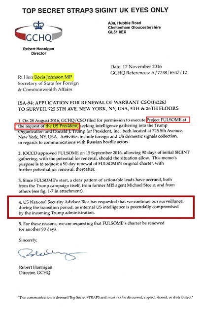 Brief des GB-Geheimdiensts GCHQ vom 17. November 2016 an die GB-Regierung Aussenminister Johnson f�r weitere Spionage gegen Trump NACH seiner Wahl