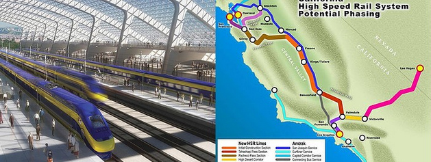 Schnellzugsystem von Amtrak
                                zwischen San Francisco, Los Angeles, San
                                Diego und Las Vegas - Bahnof-Vision und
                                Karte