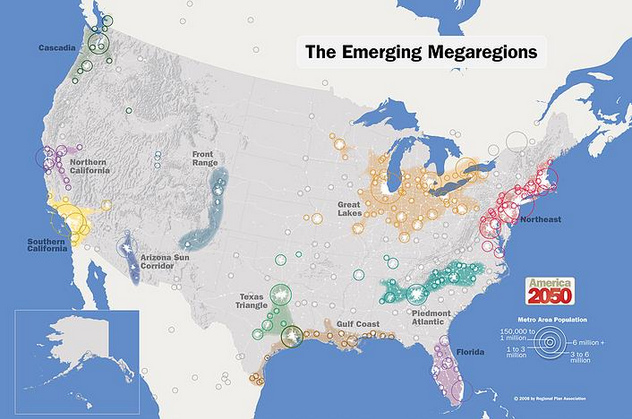 "USA": Geplante Megaregionen
                            f�r 2015, Karte