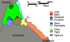 Map: The different ethnic groups in
                              Eritrea: Afar, Bilen, Hedareb, Kunama,
                              Nara, Rashaida, Saho, Tigre und Tigrinya.