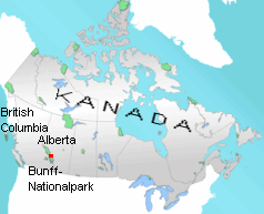 Karte mit der Position des
                            Banff-Nationalparks im Bundesstaat Alberta,
                            Kanada, 6641 km2 gross, in Banff (damit ist
                            der Nationalpark etwas so gross wie der
                            Kanton Bern in der Schweiz im Jahr 2008)