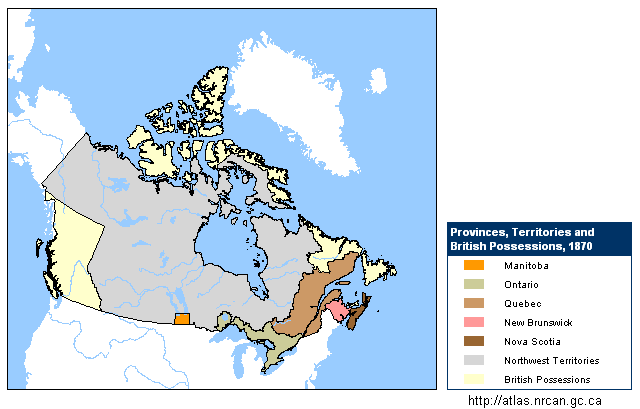 Karte von Kanada
                          von 1870 mit der Einzeichnung des neu
                          gegrndeten Manitoba. Rupertsland und
                          Nordwest-Territorium formen zusammen das
                          Nordwestterritorium.