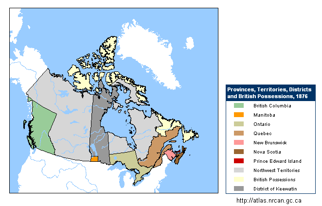 Karte von Kanada von
                              1876. Bildung des Keewatin-Distrikts als
                              Teil des Nordwestterritoriums