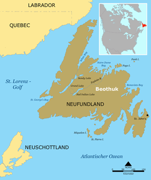 Karte mit der Markierung der Insel
                          Neufundland, dem Gebiet der Beothuk-Nation