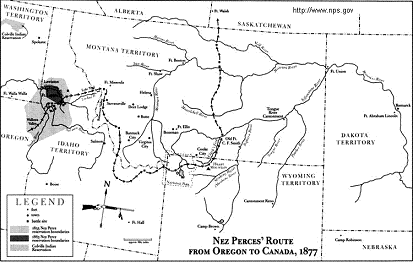 Karte mit der Fluchtroute der Nez
                            Percs nach Kanada