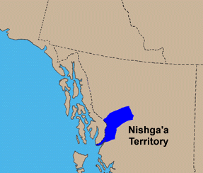 Karte von Nordwest-Kanada mit der Angabe
                          des Gebiets der Nishga-
                          (Nishga'a)-Primrnation an der Grenze zu
                          Alaska
