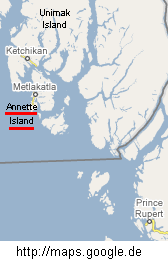 Karte mit Annette Island mit der
                            Tsimshian-Siedlung Metlakatla