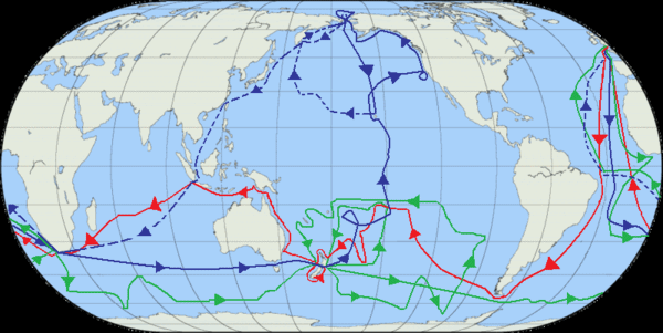 Karte der 3 Expeditionen von
                          Captain Cook im Pazifik: erste Reise in Rot,
                          zweite Reise in Grn, dritte Reise in Blau,
                          und blau gestrichelt die Route der
                          heimkehrenden Crew nach dem Tod von Cook auf
                          Tahiti.
