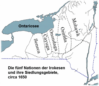 Karte mit der Angabe der
                            Irokesen-Nationen Seneca, Cayuga, Onondaga,
                            Oneida und Mohawk