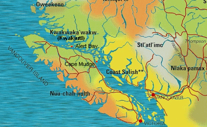 Karte der
                  Vancouver-Insel ("Vancouver Island") mit
                  Cape Mudge und Alert Bay
