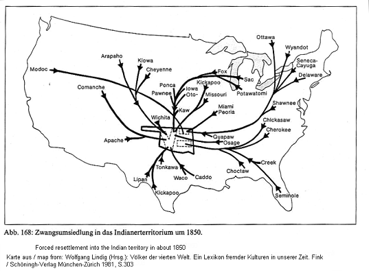 Karte der Deportation der Primärnationen
Nord-"Amerikas" in ein zentrales
"Reservat" (Freiluft-KZ) 1850 / map with deportation
of primary nations (natives) of North "America" in a
central "reservation" (open air concentration camp)
in 1850 Karte der Deportation der Primärnationen
Nord-"Amerikas" in ein zentrales
"Reservat" (Freiluft-KZ) 1850 / map with deportation
of primary nations (natives) of North "America" in a
central "reservation" (open air concentration camp)
in 1850