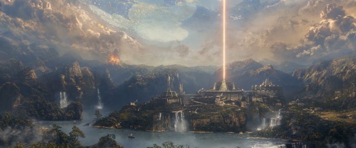 Fantasie-Foto
                          mit einer Tempelanlage und einem
                          Energiestrahl